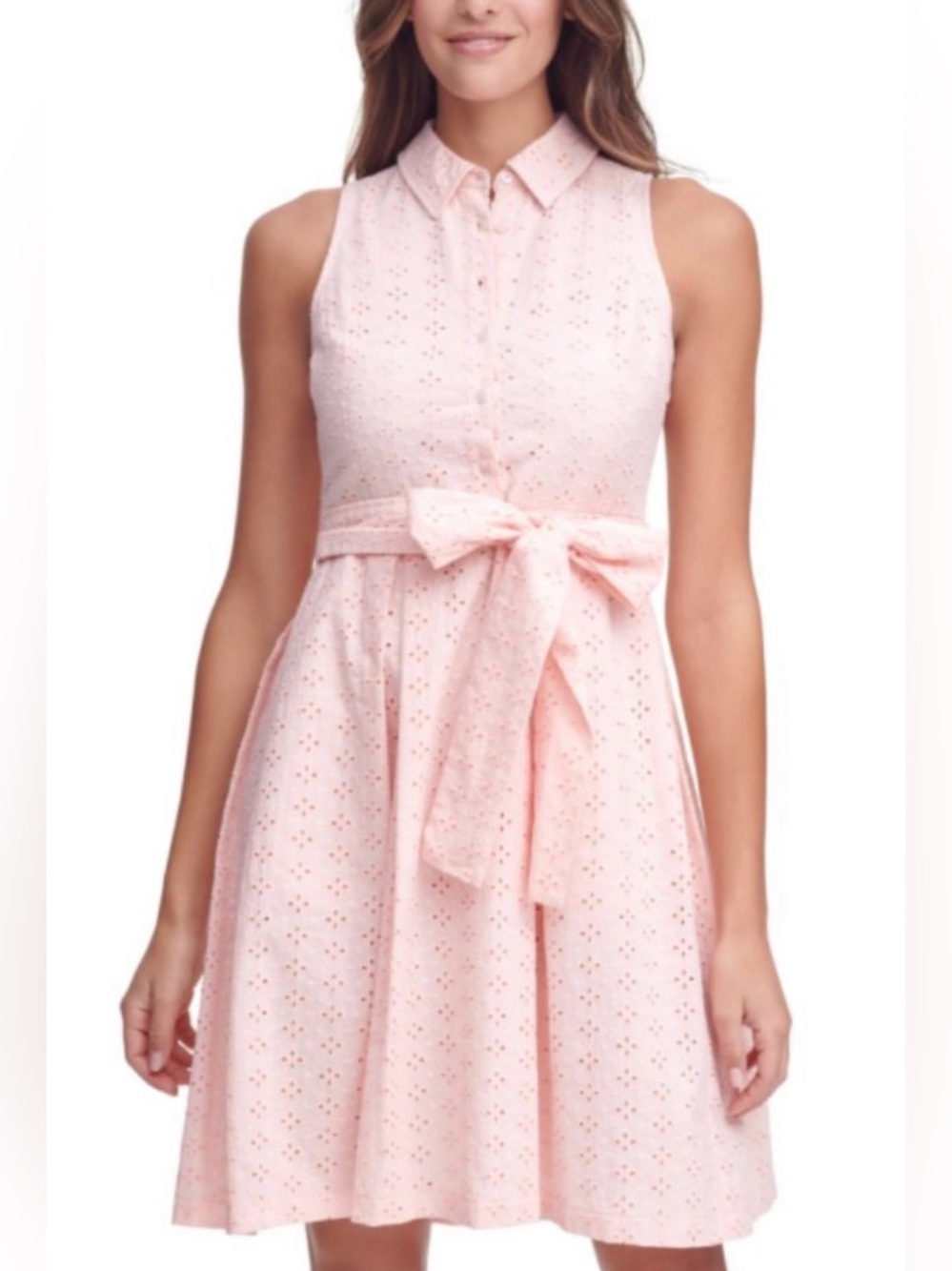 Tommy Hilfiger Light Pink Eyelet Sleeveless Shirt Dress with Bow